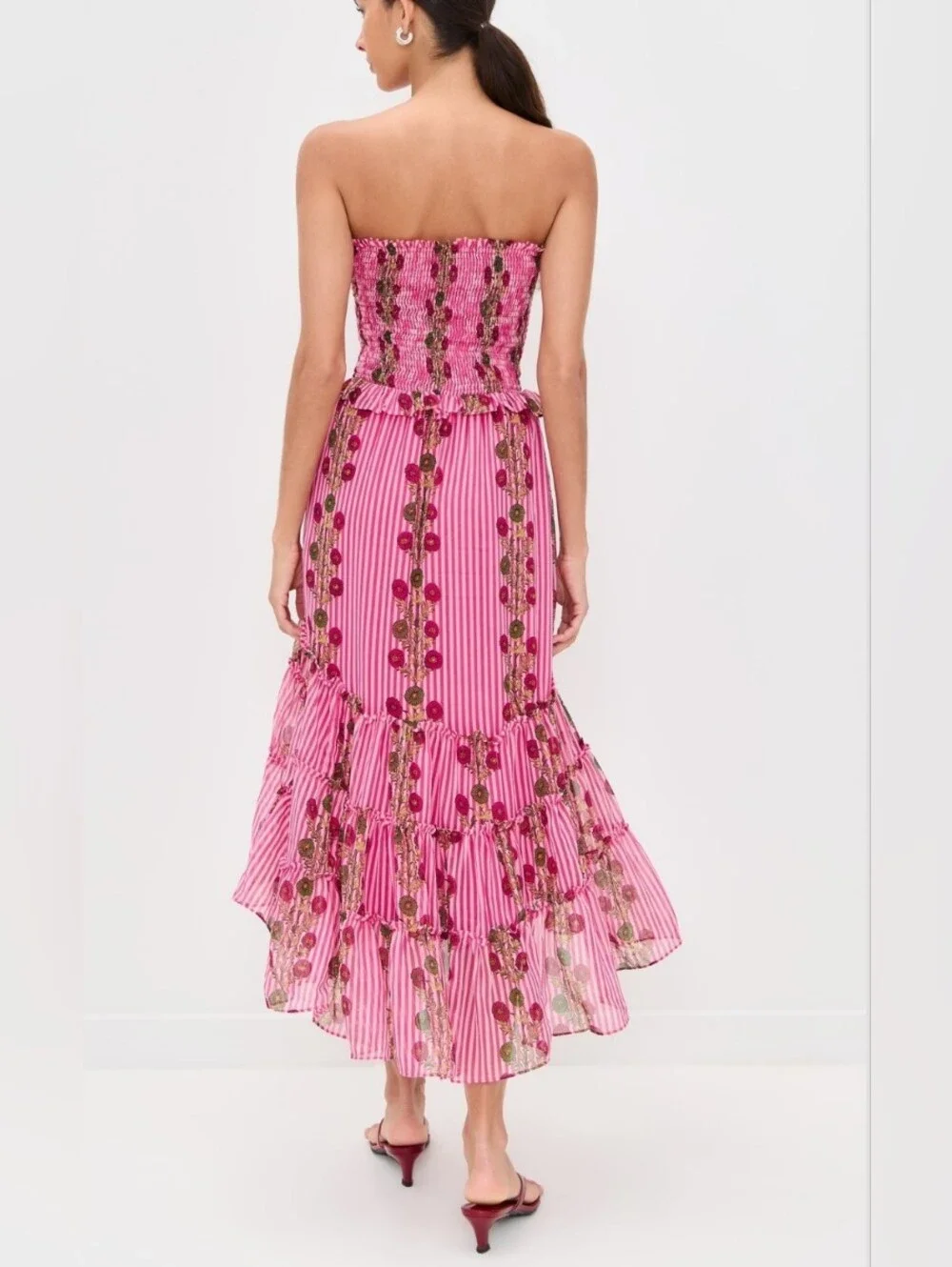Free People Alejandra Hot Pink Combo Striped Floral High-Low Midi Dress - Picture 2 of 16